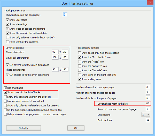 Interface settings window