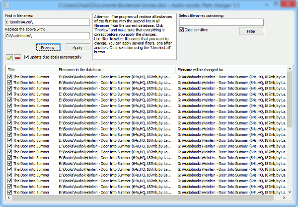 Window of the Path Changer plugin for audio books