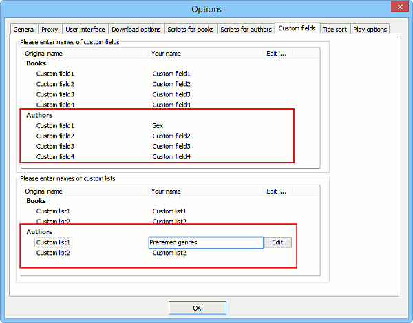 Enter names of custom fields