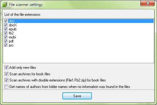 E-book file scanner settings